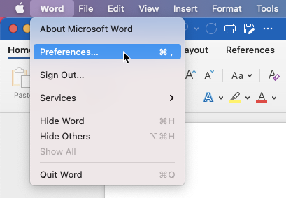 Click Preferences in the Word menu
